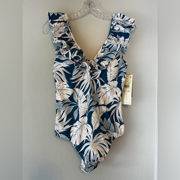 Profile By Gottex Ruffle V-Neck One Piece Swimsuit Tropical Leaf Print Size 12 - Picture 3 of 6